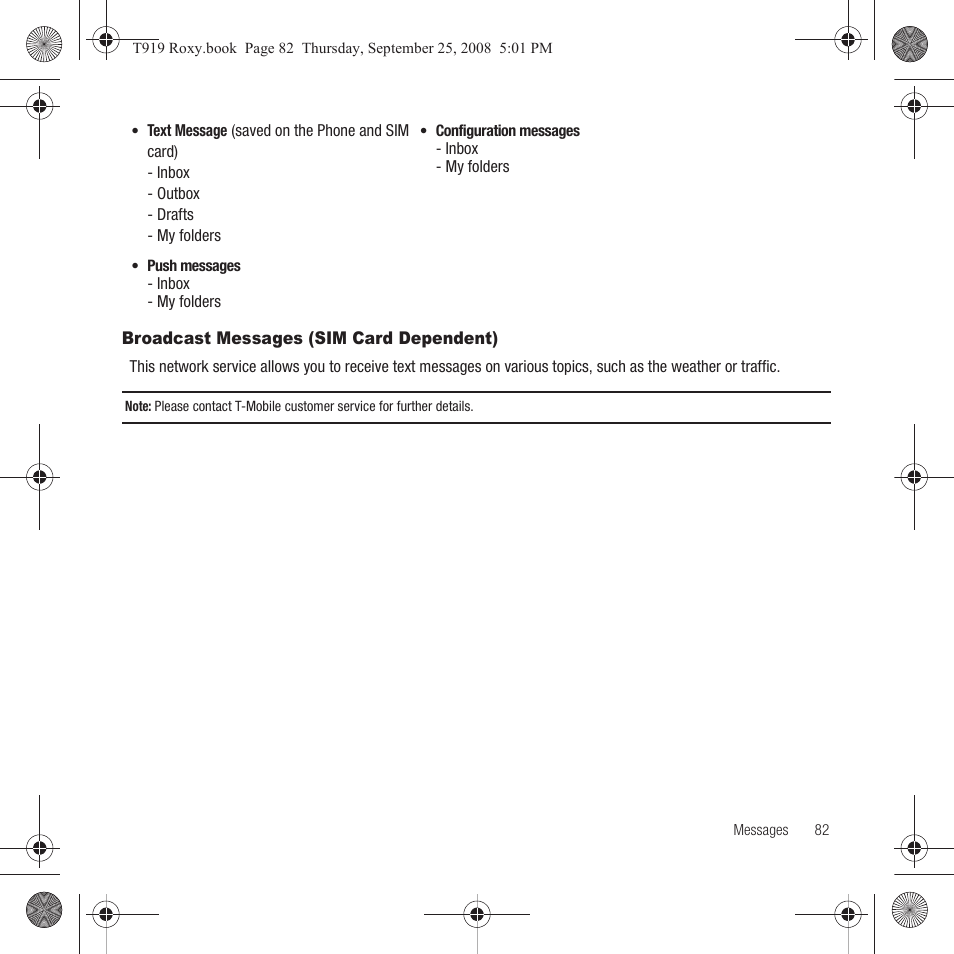 Broadcast messages (sim card dependent) | Samsung Behold Series User Manual | Page 85 / 186