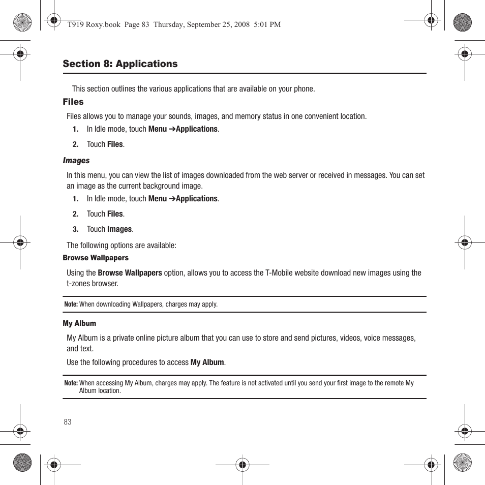 Section 8: applications, Files | Samsung Behold Series User Manual | Page 86 / 186