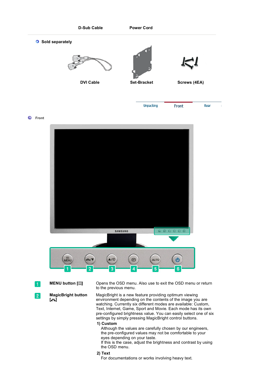 Unpacking, Front | Samsung 204B User Manual | Page 10 / 76