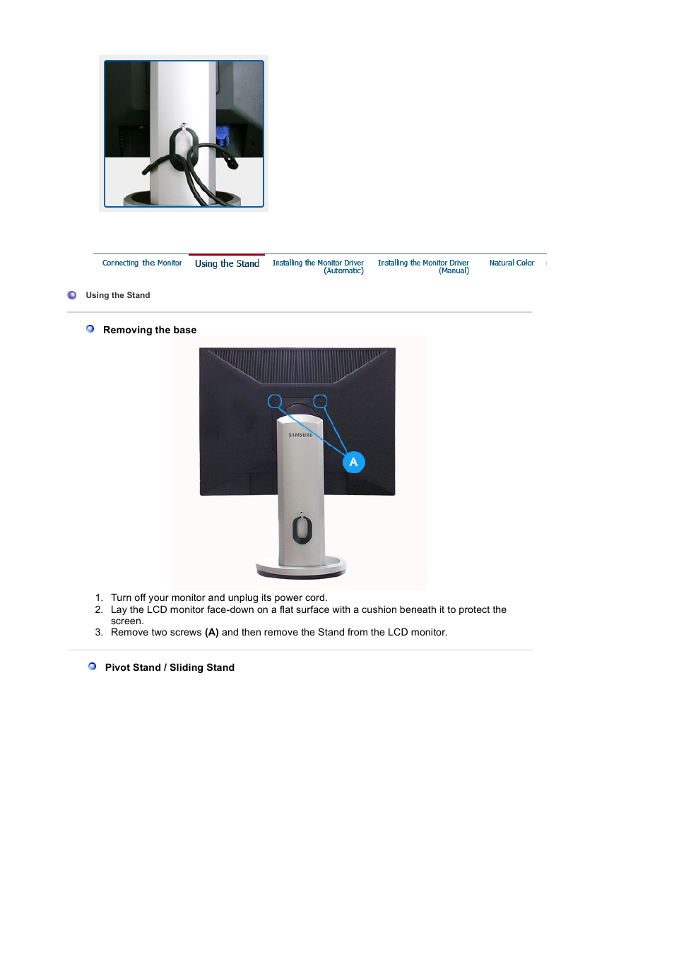 Connecting tne monitor, Using the stand | Samsung 204B User Manual | Page 15 / 76