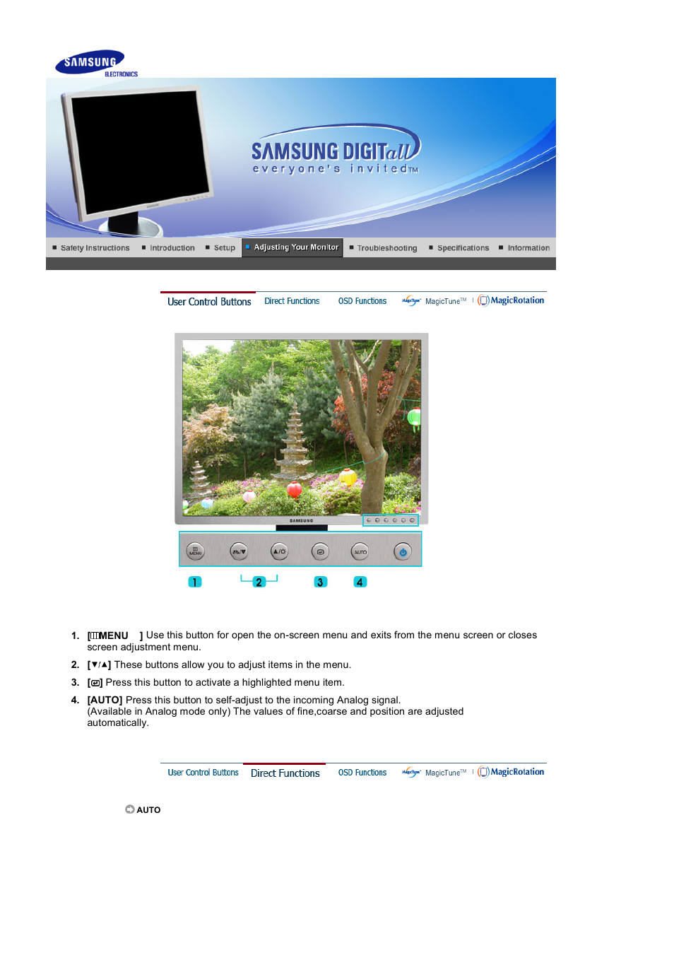 Adjusting your monitor, User control buttons | Samsung 204B User Manual | Page 23 / 76