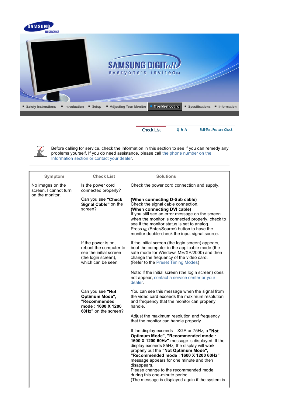 Troubleshooting, Check list | Samsung 204B User Manual | Page 61 / 76
