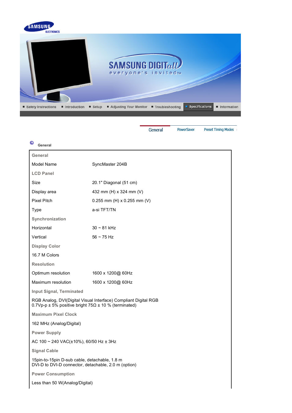 Specifications, General | Samsung 204B User Manual | Page 66 / 76