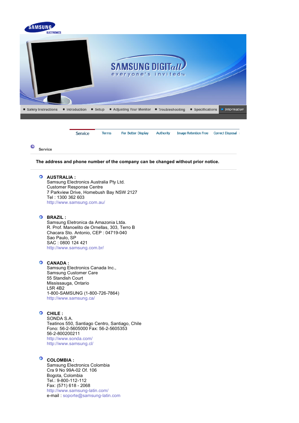 Information, Service | Samsung 204B User Manual | Page 69 / 76