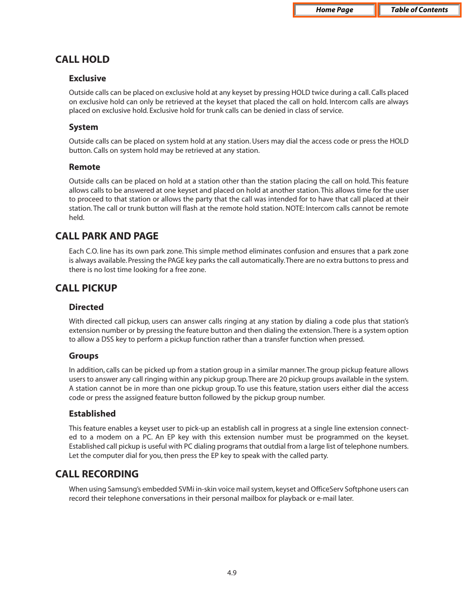 Call hold, Exclusive, System | Remote, Call pickup, Directed, Groups, Established, Call recording, Call park and page | Samsung OFFICESERV 7100 User Manual | Page 39 / 97