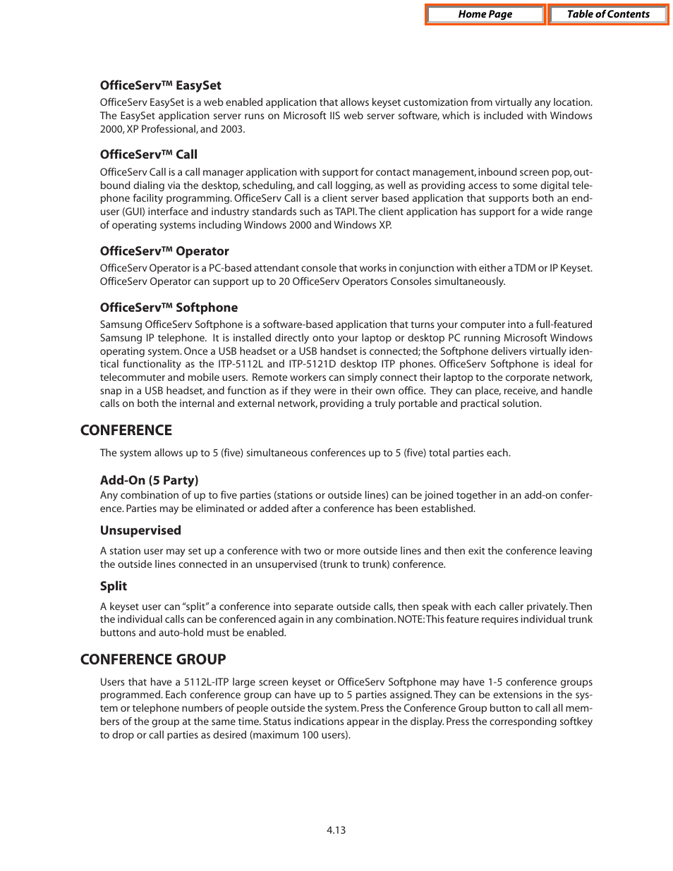 Officeserv™ easyset, Officeserv™ operator, Officeserv™ softphone | Conference, Add-on (5 party), Unsupervised, Split, Conference group | Samsung OFFICESERV 7100 User Manual | Page 43 / 97