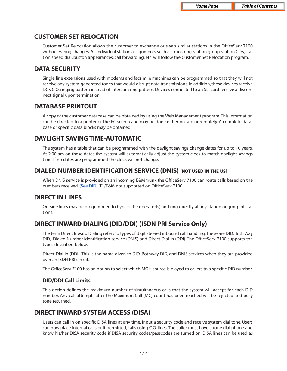 Customer set relocation, Data security, Database printout | Daylight saving time-automatic, Dialed number identification service (dnis), Direct in lines, Direct inward dialing (did/ddi), Did/ddi call limits, Direct inward system access (disa), Direct inward dialing (did) t1 | Samsung OFFICESERV 7100 User Manual | Page 44 / 97