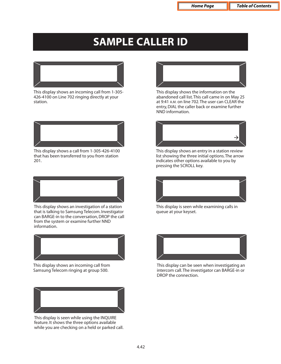 Sample caller id, Samsung telecom call for:500, Samsung telecom clear nnd dial | Samsung telecom barge nnd drop | Samsung OFFICESERV 7100 User Manual | Page 72 / 97