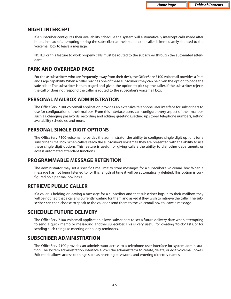 Night intercept, Personal mailbox administration, Personal single digit options | Programmable message retention, Retrieve public caller, Schedule future delivery, Subscriber administration, Park and overhead page | Samsung OFFICESERV 7100 User Manual | Page 81 / 97