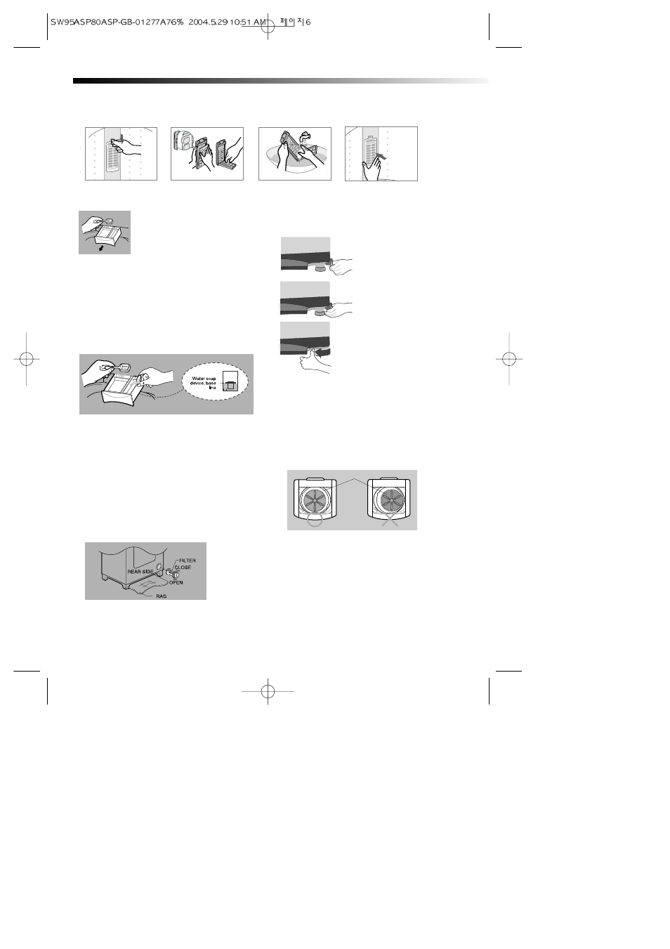 Cleaning the filter net, How to add the detergent, Levelling | How to add the fabric softener, Cleaning the filter | Samsung SW80ASP User Manual | Page 6 / 10