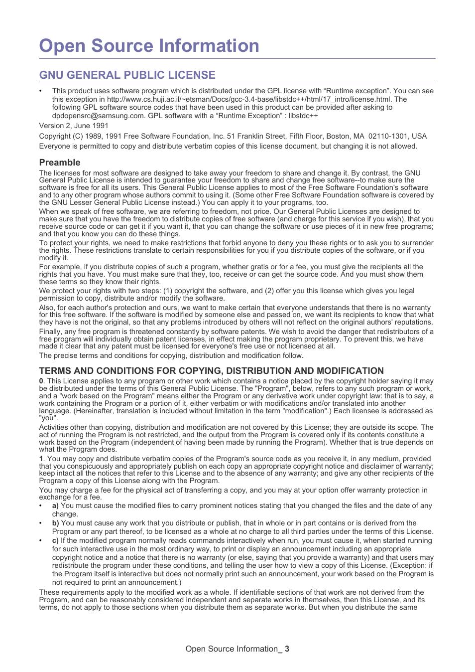 Open source information, Gnu general public license, Preamble | Samsung ML 2150 User Manual | Page 3 / 7
