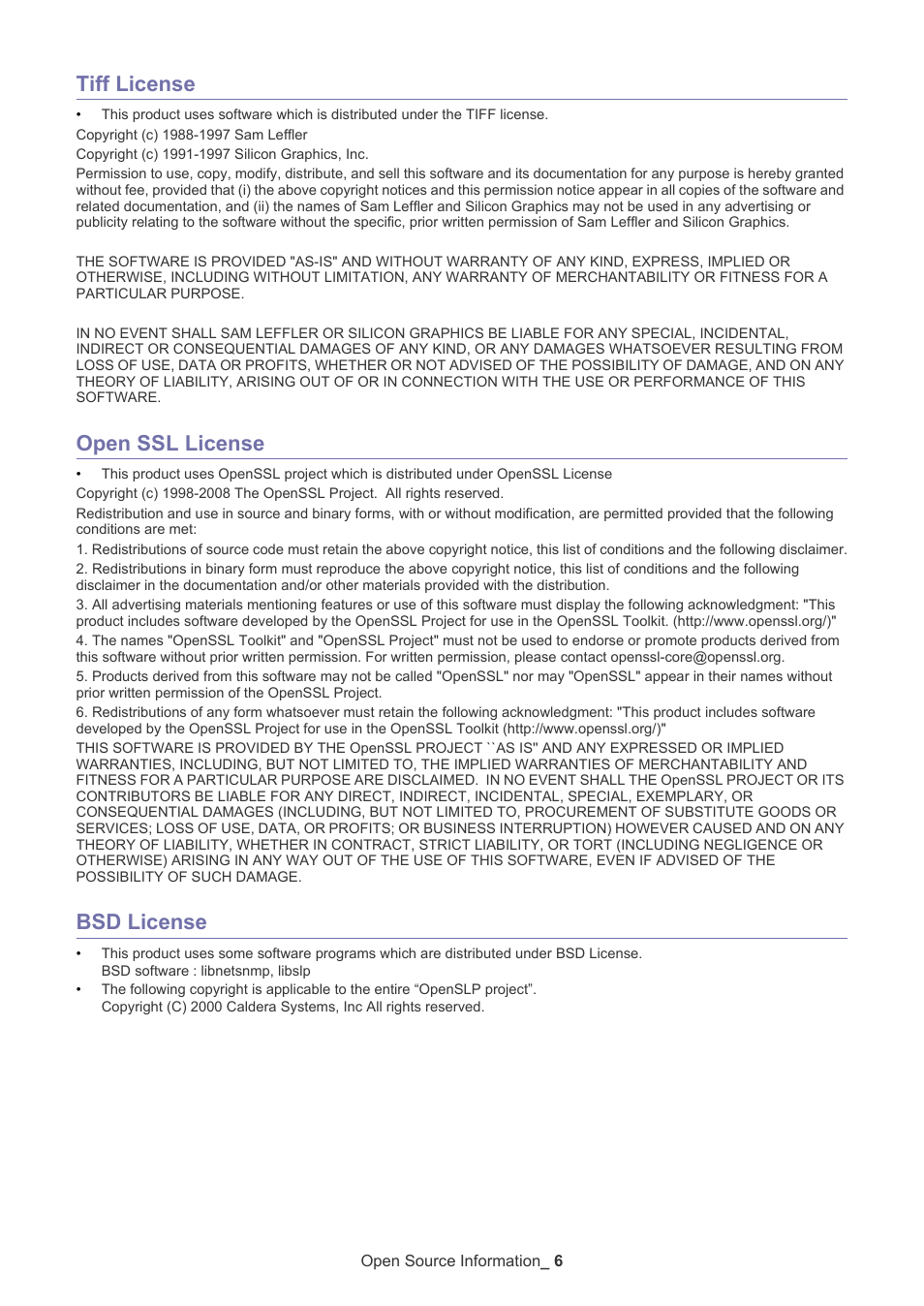 Tiff license, Open ssl license, Bsd license | Samsung ML 2150 User Manual | Page 6 / 7