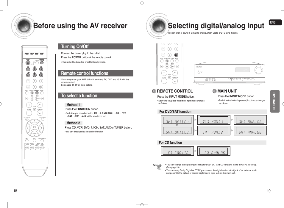 Operation, Before using the av receiver, Selecting digital/analog input | Remote control functions, Turning on/off, Remote control, Main unit | Samsung 20080303092219921 User Manual | Page 10 / 25