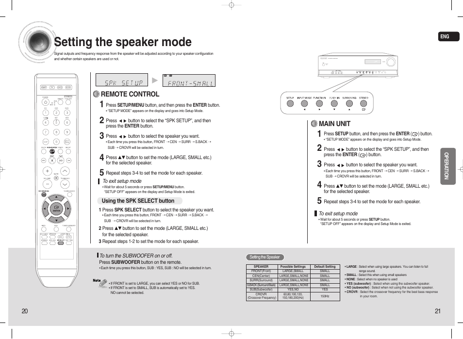 Setting the speaker mode, Main unit, Remote control | Samsung 20080303092219921 User Manual | Page 11 / 25