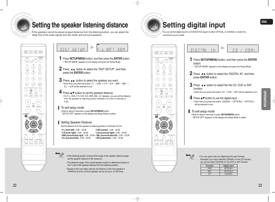 Setting the speaker listening distance, Setting digital input | Samsung 20080303092219921 User Manual | Page 12 / 25