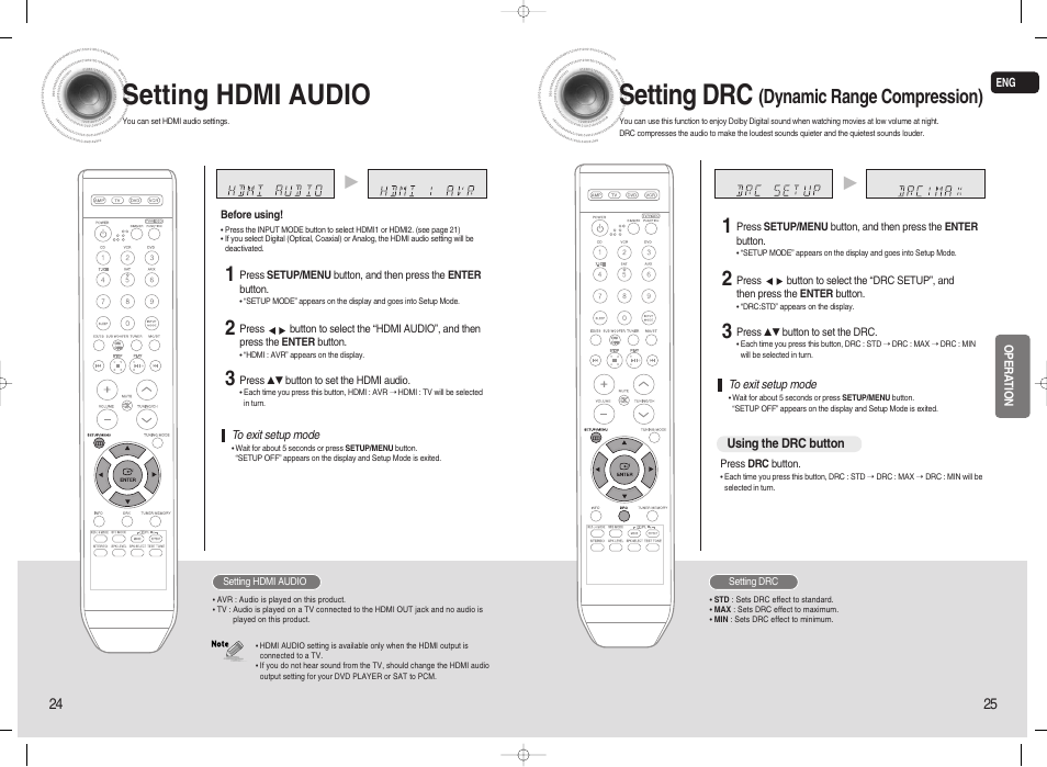 Setting hdmi audio, Setting drc (dynamic range compression), Setting drc | Dynamic range compression) | Samsung 20080303092219921 User Manual | Page 13 / 25