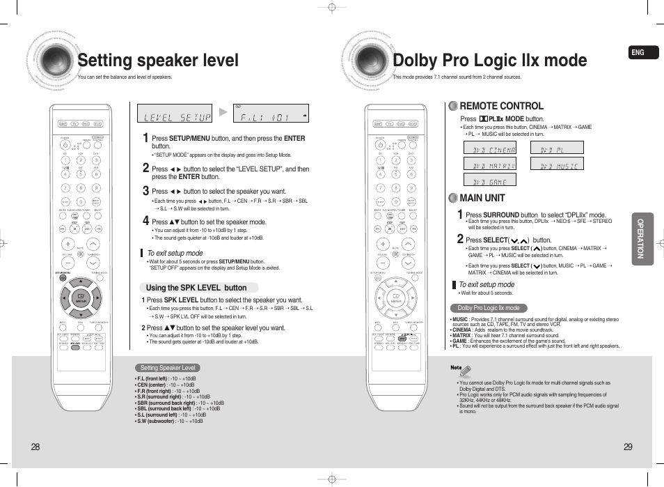 Setting speaker level, Dolby pro logic llx mode, Main unit | Remote control | Samsung 20080303092219921 User Manual | Page 15 / 25