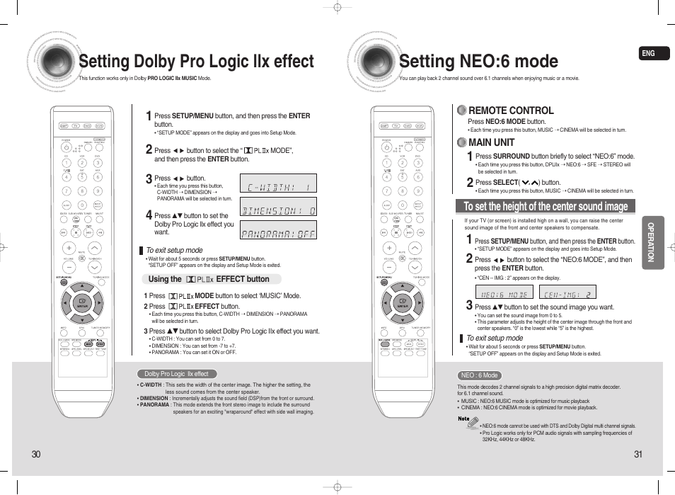 Setting dolby pro logic llx effect, Setting neo:6 mode, Remote control | Main unit | Samsung 20080303092219921 User Manual | Page 16 / 25