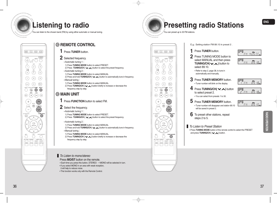 Radio operation, Listening to radio, Presetting radio stations | Remote control, Main unit | Samsung 20080303092219921 User Manual | Page 19 / 25