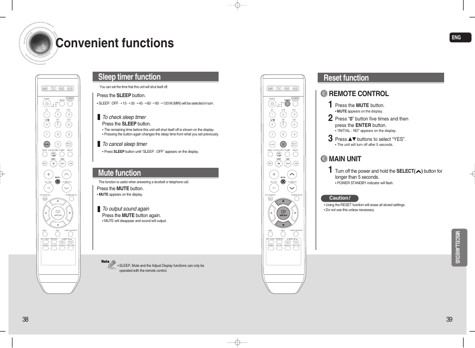 Miscellaneous, Convenient functions, Reset function | Sleep timer function mute function, Remote control, Main unit | Samsung 20080303092219921 User Manual | Page 20 / 25