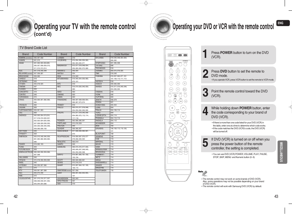 Operating your dvd or vcr with the remote control, Operating your tv with the remote control, Cont’d) | Press power button to turn on the dvd (vcr), Press dvd button to set the remote to dvd mode, Point the remote control toward the dvd (vcr), Tv brand code list, Miscellaneous | Samsung 20080303092219921 User Manual | Page 22 / 25