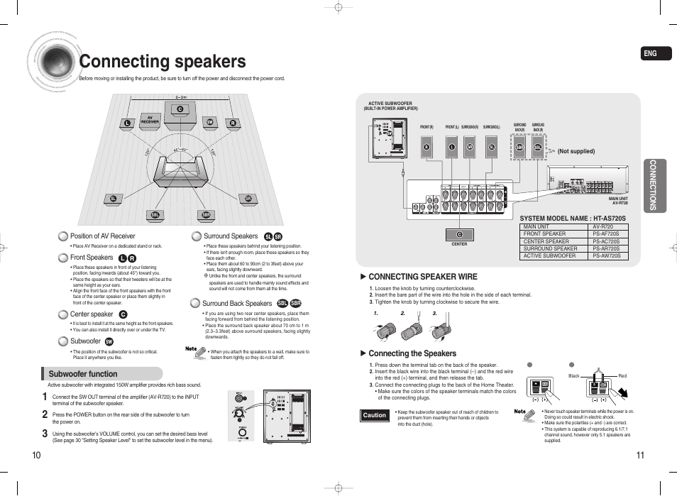 Connections, Connecting speakers, Connecting speaker wire | Connecting the speakers, Subwoofer function | Samsung 20080303092219921 User Manual | Page 6 / 25