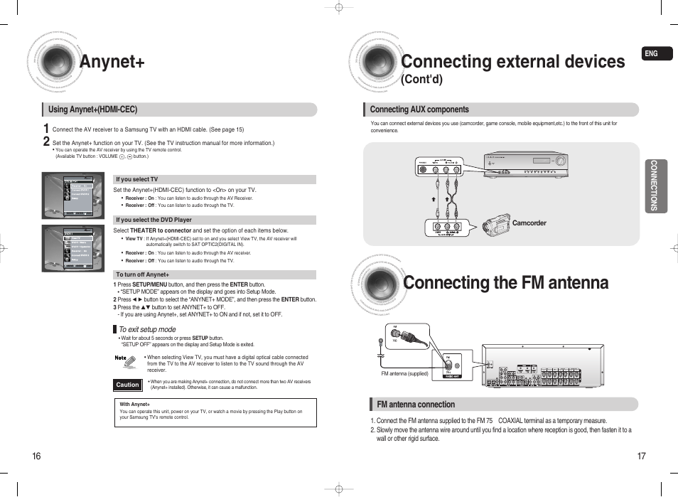 Anynet, Connecting the fm antenna, Connecting external devices | Cont'd), Fm antenna connection, Connecting aux components, Using anynet+(hdmi-cec) | Samsung 20080303092219921 User Manual | Page 9 / 25