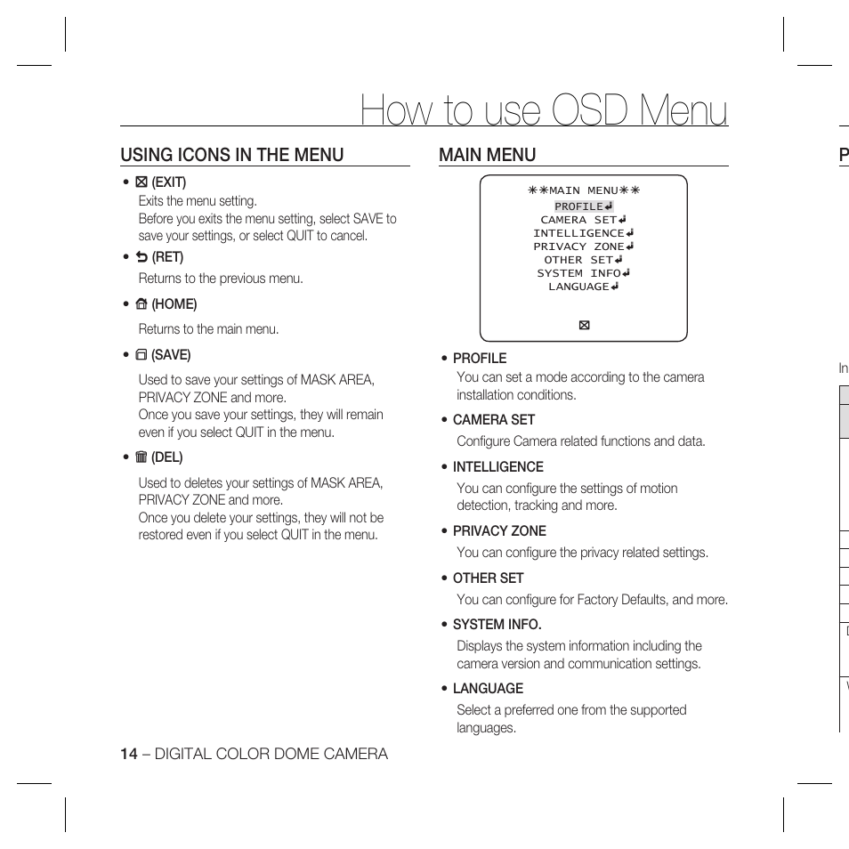 How to use osd menu, Using icons in the menu, Main menu | Samsung SCC-B5335 User Manual | Page 14 / 34