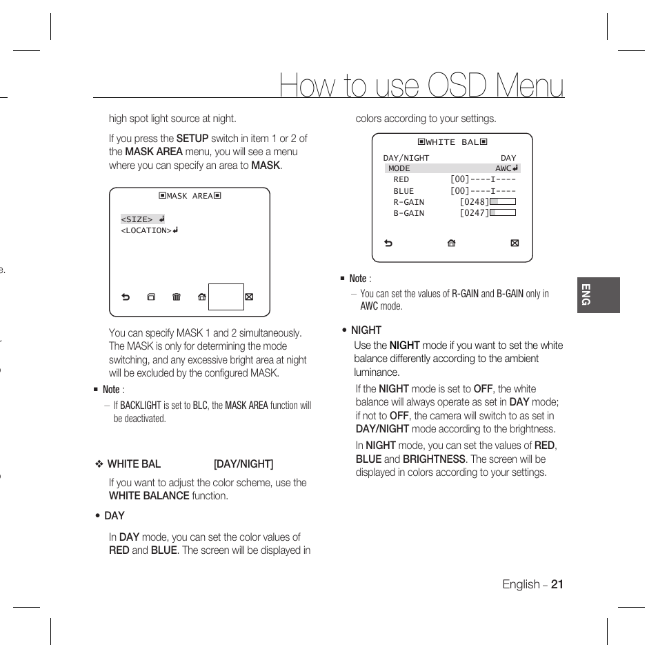 How to use osd menu | Samsung SCC-B5335 User Manual | Page 21 / 34