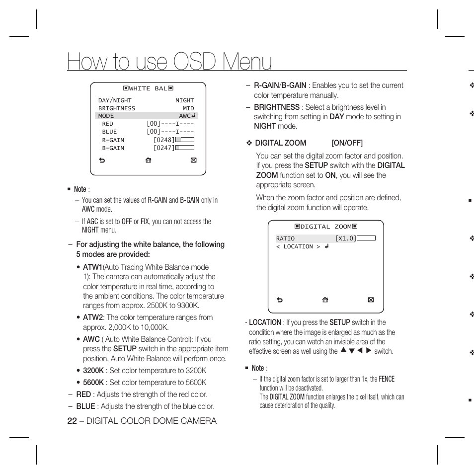 How to use osd menu | Samsung SCC-B5335 User Manual | Page 22 / 34