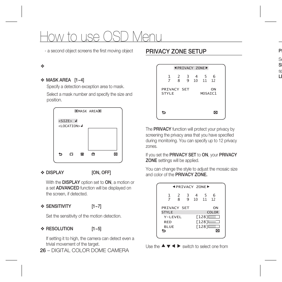 How to use osd menu, Privacy zone setup, Cdef | Samsung SCC-B5335 User Manual | Page 26 / 34