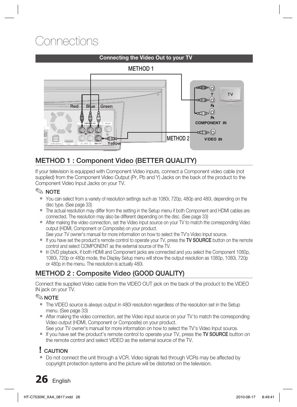 Connecting the video out to your tv, Connections | Samsung AH68-02262R User Manual | Page 26 / 72