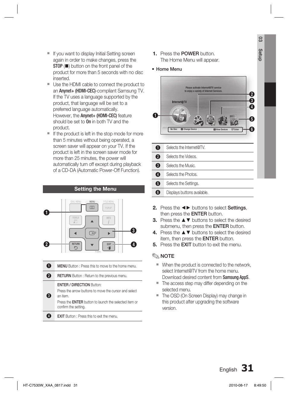 Setting the menu | Samsung AH68-02262R User Manual | Page 31 / 72