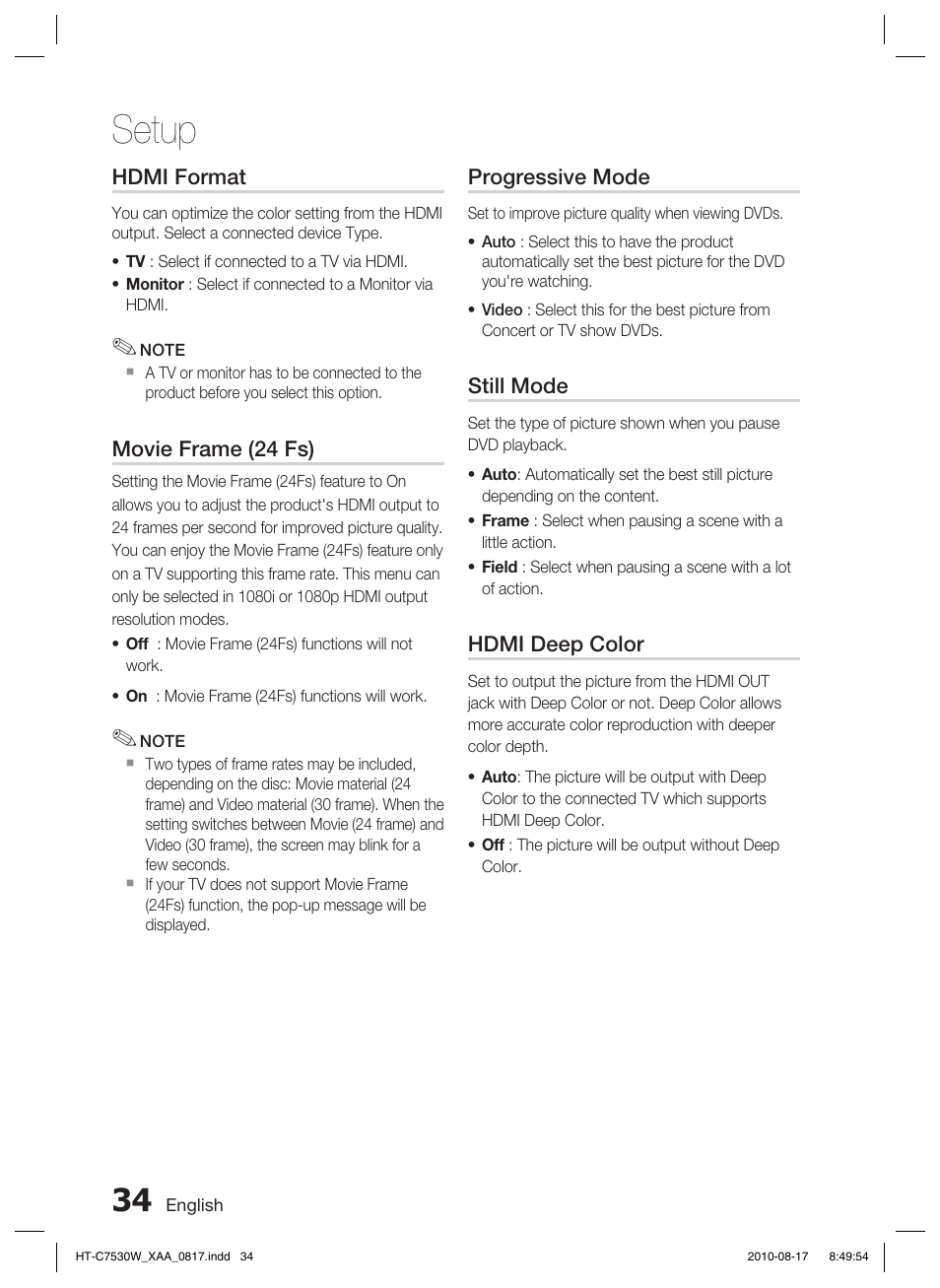 Hdmi format, Movie frame (24 fs), Progressive mode | Still mode, Hdmi deep color, Setup | Samsung AH68-02262R User Manual | Page 34 / 72