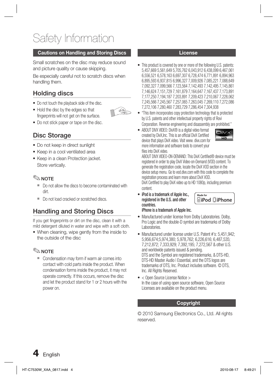 Cautions on handling and storing discs, License, Copyright | Safety information | Samsung AH68-02262R User Manual | Page 4 / 72