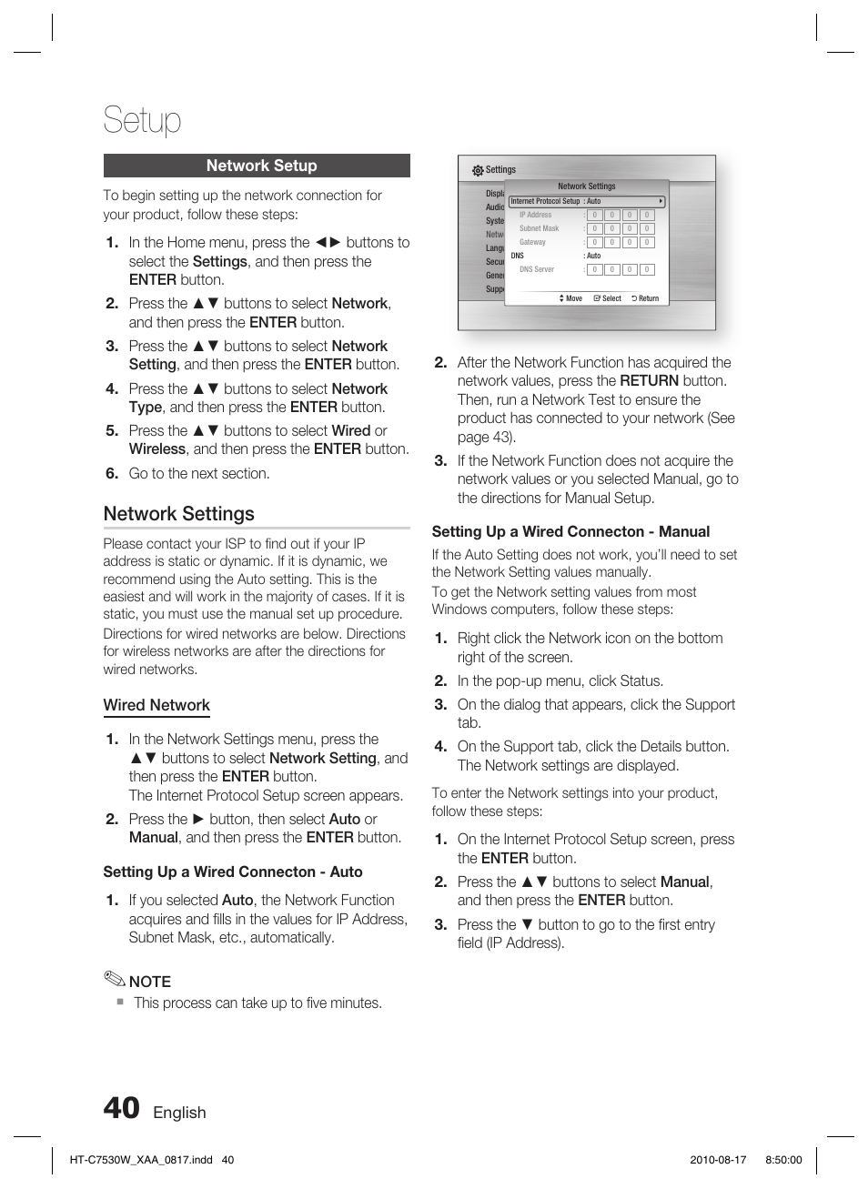 Network setup, Network settings, Setup | Samsung AH68-02262R User Manual | Page 40 / 72