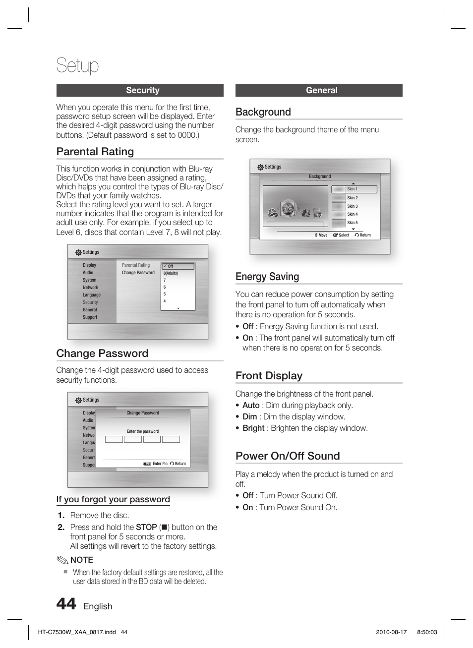 Security, Parental rating, Change password | General, Background, Energy saving, Front display, Power on/off sound, Setup, English | Samsung AH68-02262R User Manual | Page 44 / 72