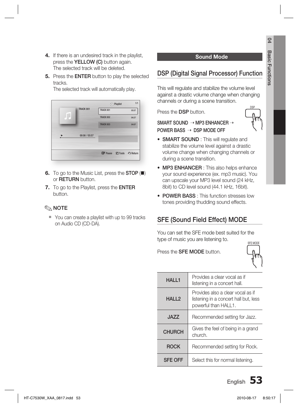 Sound mode, Dsp (digital signal processor) function, Sfe (sound field effect) mode | Samsung AH68-02262R User Manual | Page 53 / 72