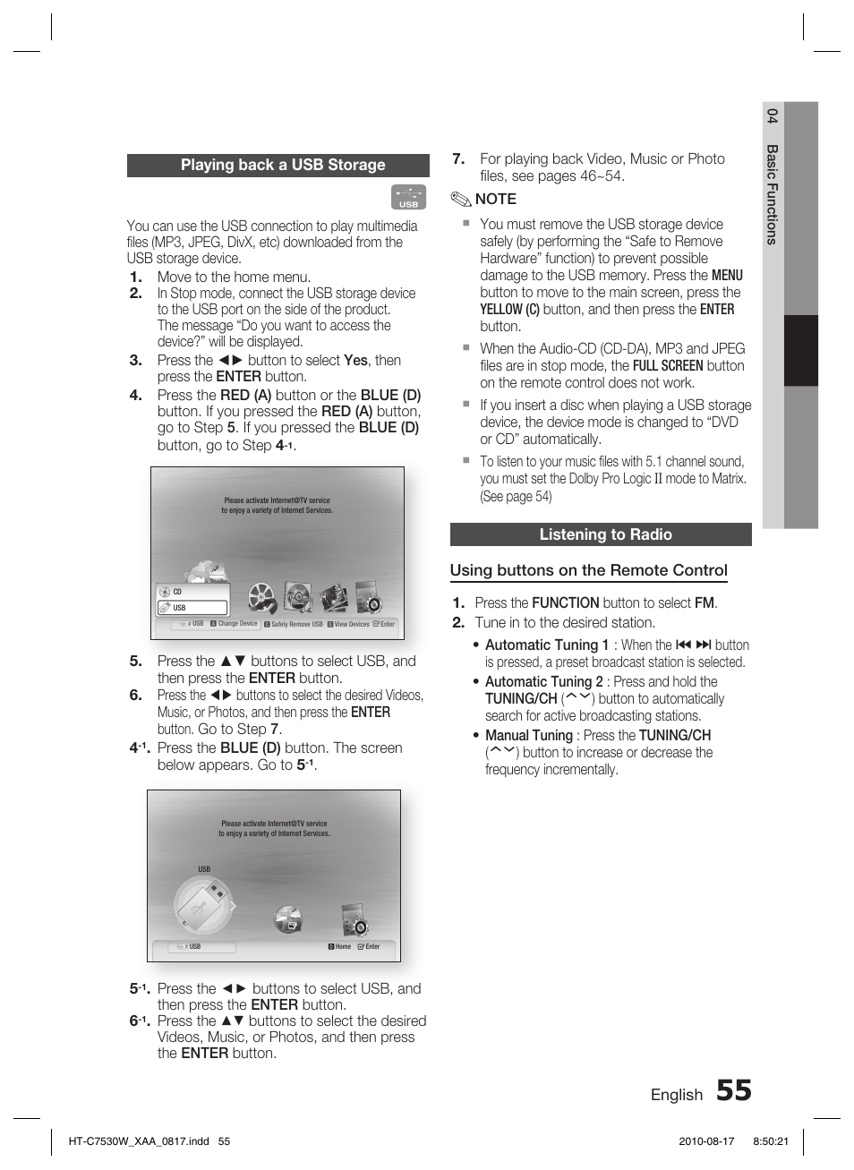 Playing back a usb storage, Listening to radio | Samsung AH68-02262R User Manual | Page 55 / 72