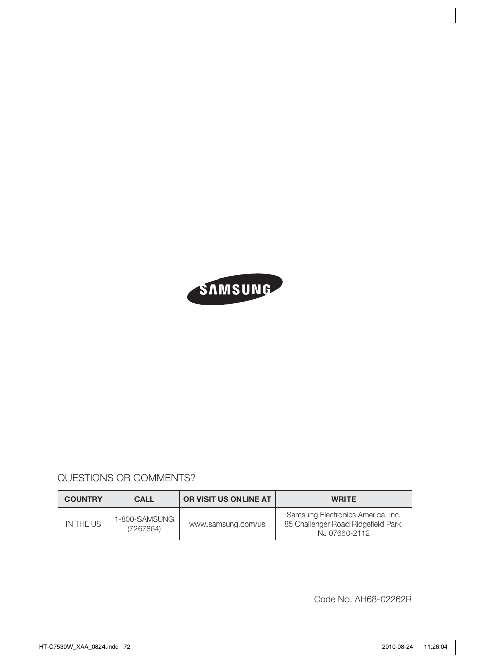 Questions or comments | Samsung AH68-02262R User Manual | Page 72 / 72