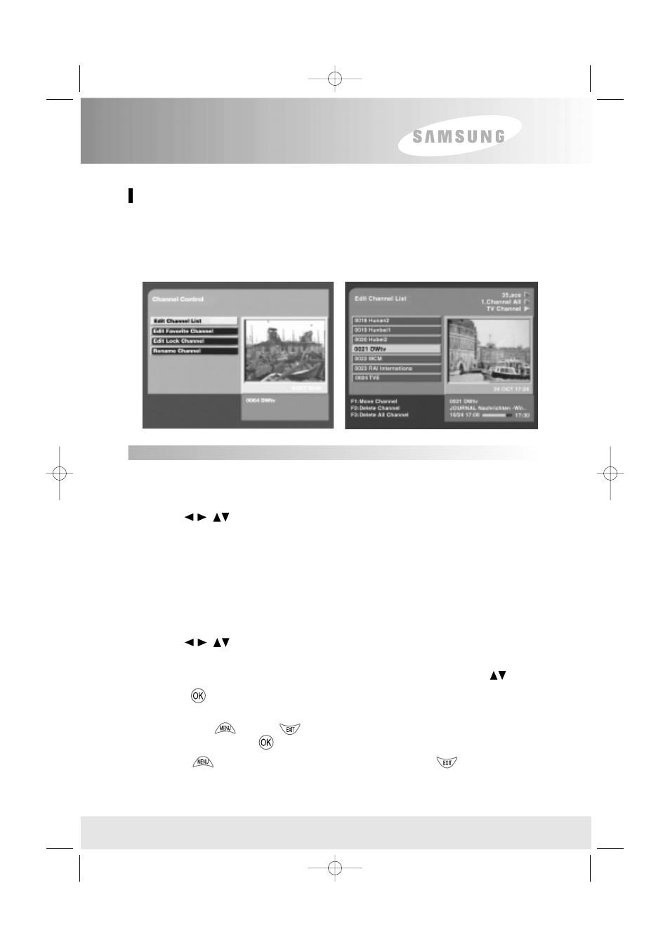 Menu operation, Channel control, Edit channel list | Delete a channel, Delete all channel, Move the position of a channel | Samsung SFT-503 User Manual | Page 21 / 40
