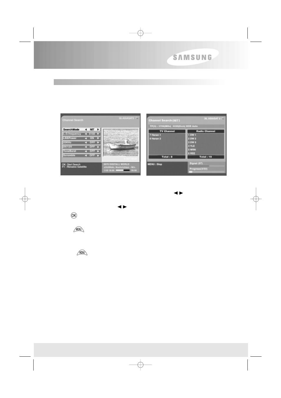 General information, Nit channel search, Use the button to stop channel search | Press the button to return to the previous menu | Samsung SFT-503 User Manual | Page 29 / 40