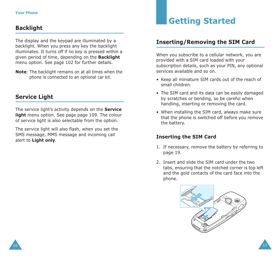 Getting started, Backlight, Service light | Inserting/removing the sim card | Samsung SGH-X100A User Manual | Page 10 / 87