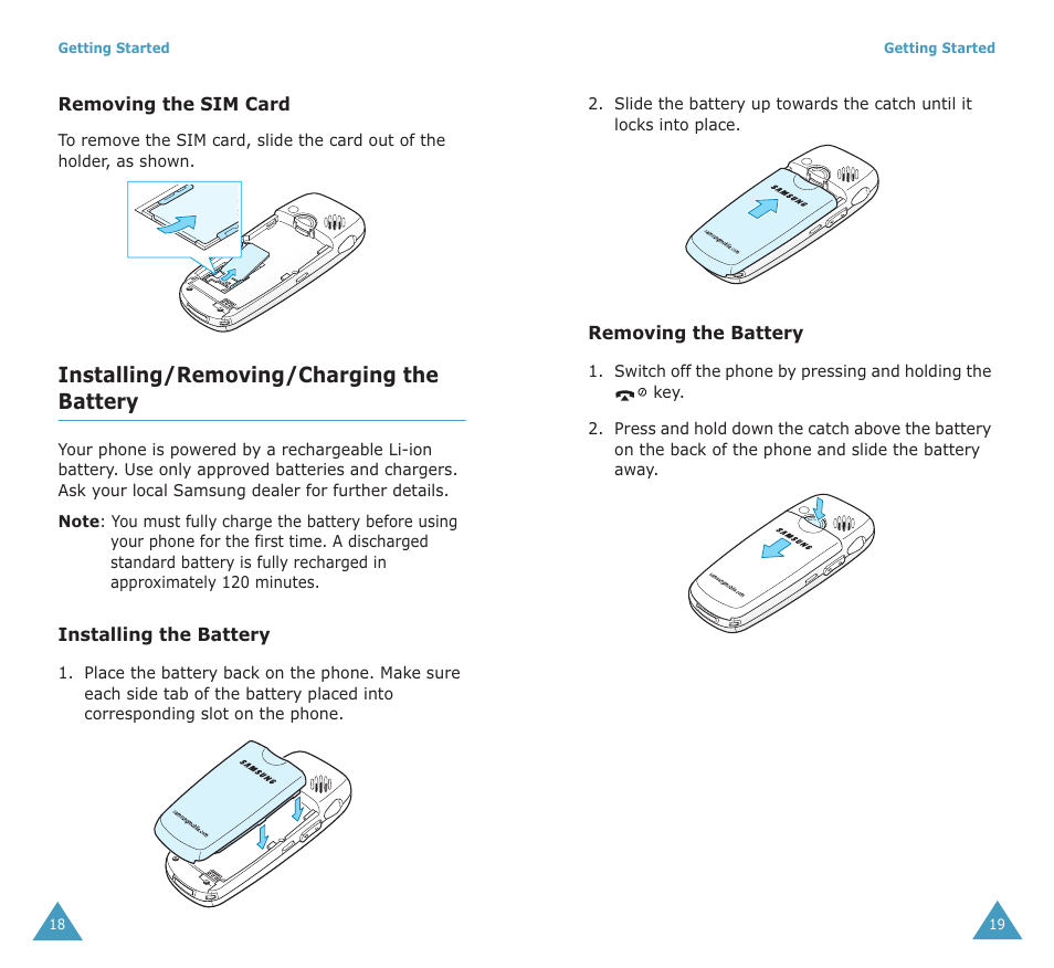 Installing/removing/charging the battery | Samsung SGH-X100A User Manual | Page 11 / 87