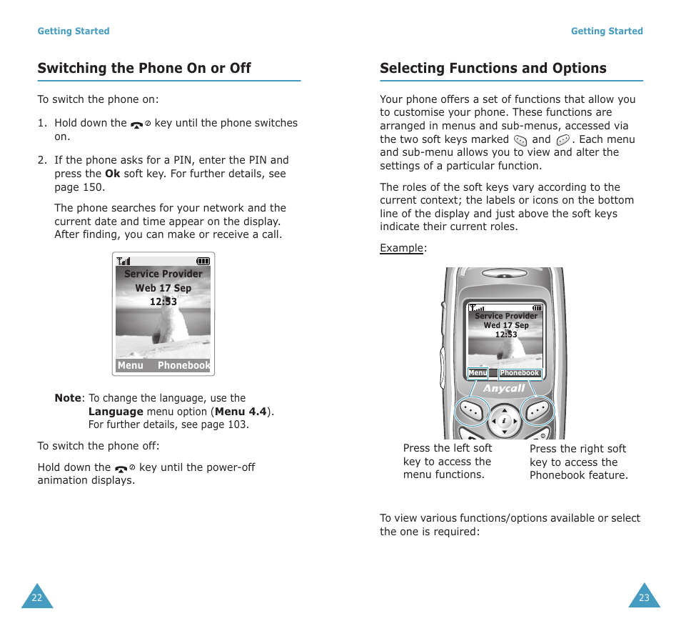 Switching the phone on or off, Selecting functions and options | Samsung SGH-X100A User Manual | Page 13 / 87