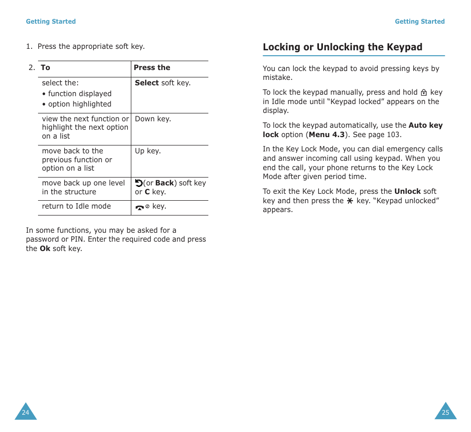 Locking or unlocking the keypad | Samsung SGH-X100A User Manual | Page 14 / 87