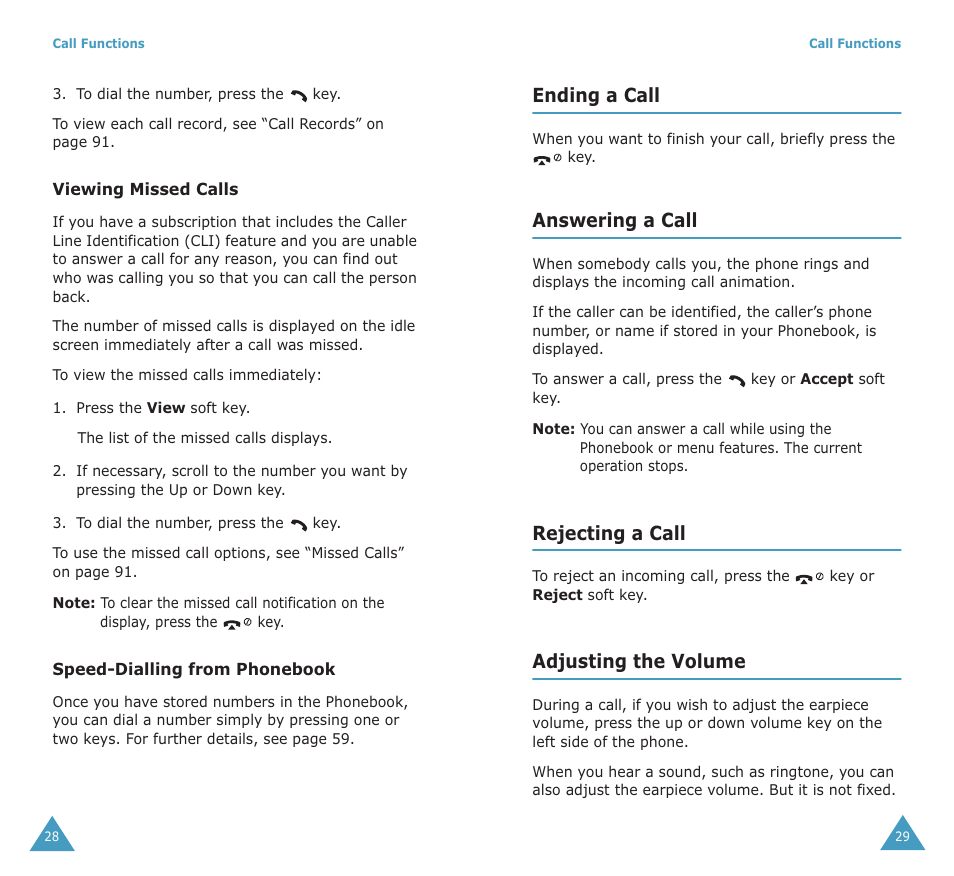 Ending a call, Answering a call, Rejecting a call | Adjusting the volume | Samsung SGH-X100A User Manual | Page 16 / 87