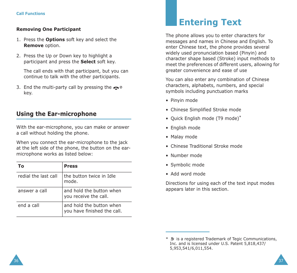 Entering text, Using the ear-microphone | Samsung SGH-X100A User Manual | Page 20 / 87