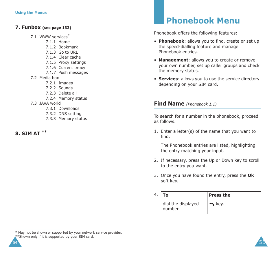 Phonebook menu, Find name | Samsung SGH-X100A User Manual | Page 29 / 87