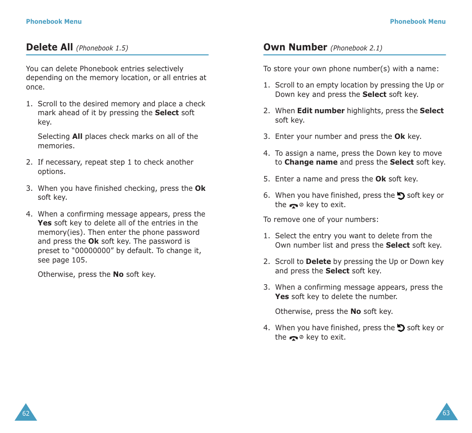 Delete all, Own number | Samsung SGH-X100A User Manual | Page 33 / 87